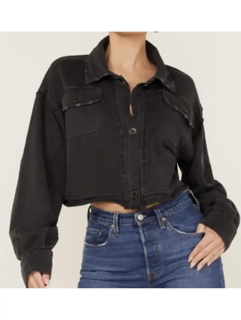 Free People Cropped Washed Black Button Front Jacket - Picture 3 of 7